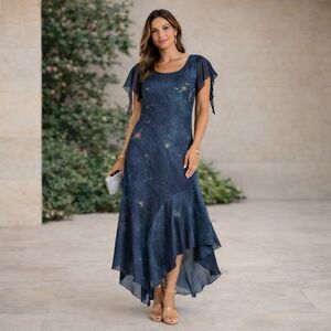 Vintage Cartise International Asymmetrical Maxi Dress – Navy Iridescent Splatter